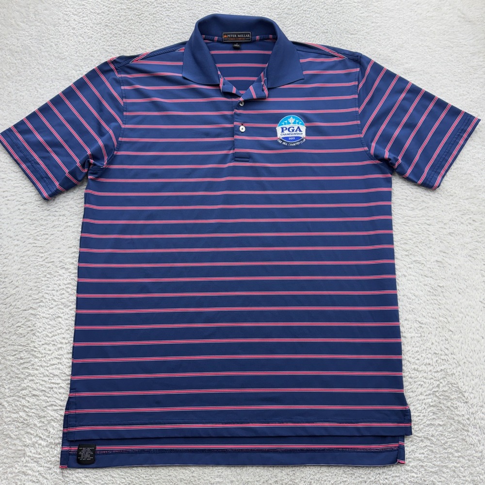 Peter Millar Summer Comfort Polo Shirt Mens M Blue Pink Stripe 2013 PGA Oak Hill
